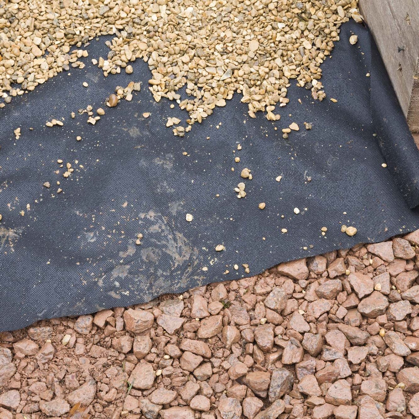 Hard landscaping materials, laying gravel path, UK. Hard landscaping materials - aggregate, weed membrane and gravel used to lay a garden path, UK